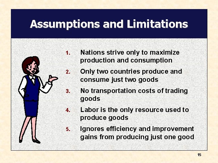 Assumptions and Limitations 1. Nations strive only to maximize production and consumption 2. Only