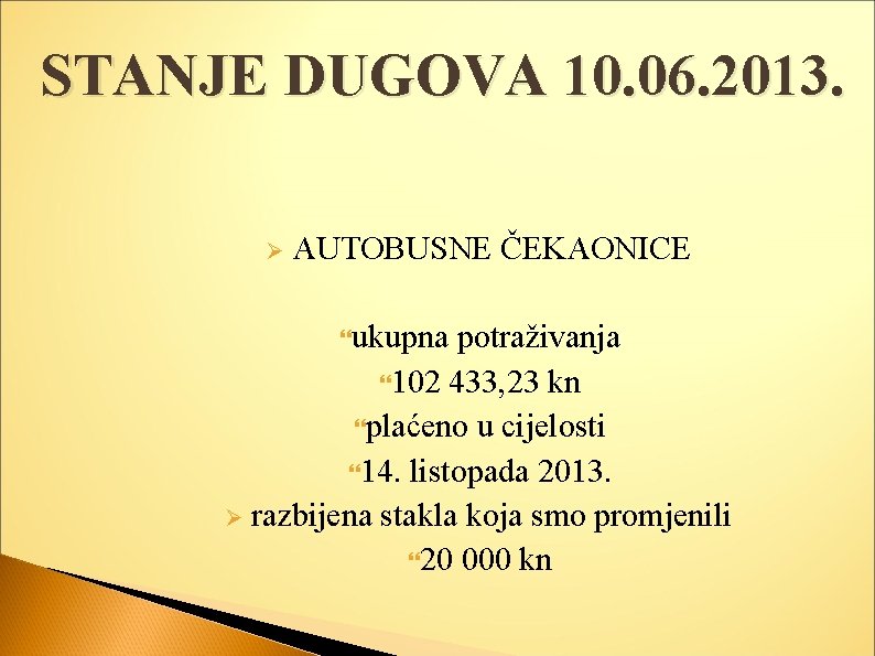 STANJE DUGOVA 10. 06. 2013. Ø AUTOBUSNE ČEKAONICE ukupna potraživanja 102 433, 23 kn