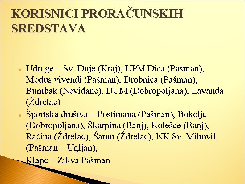 KORISNICI PRORAČUNSKIH SREDSTAVA Udruge – Sv. Duje (Kraj), UPM Dica (Pašman), Modus vivendi (Pašman),