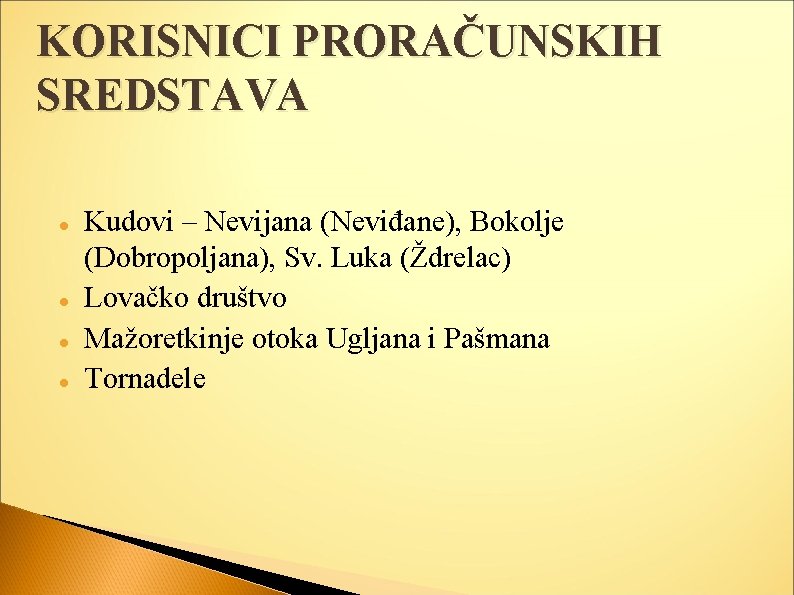 KORISNICI PRORAČUNSKIH SREDSTAVA Kudovi – Nevijana (Neviđane), Bokolje (Dobropoljana), Sv. Luka (Ždrelac) Lovačko društvo