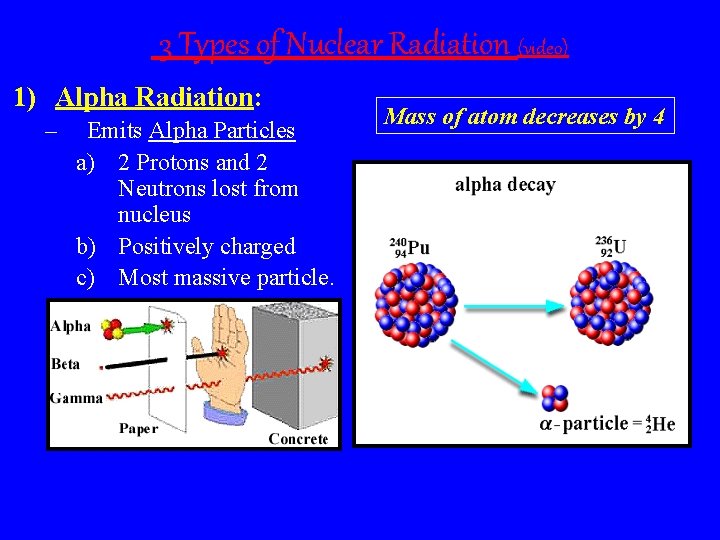 3 Types of Nuclear Radiation (video) 1) Alpha Radiation: – Emits Alpha Particles a)