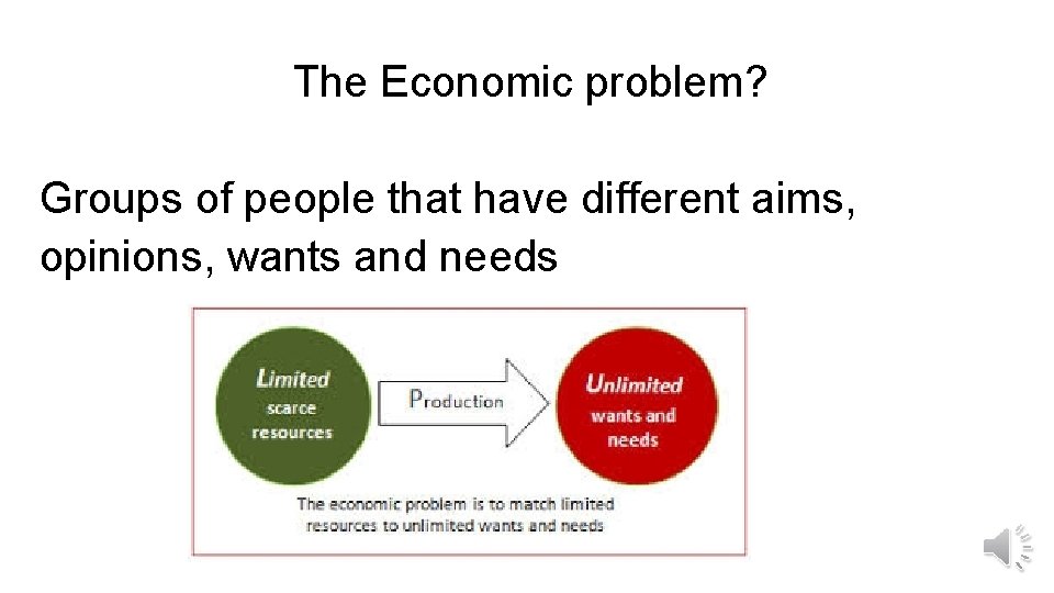 The Economic problem? Groups of people that have different aims, opinions, wants and needs