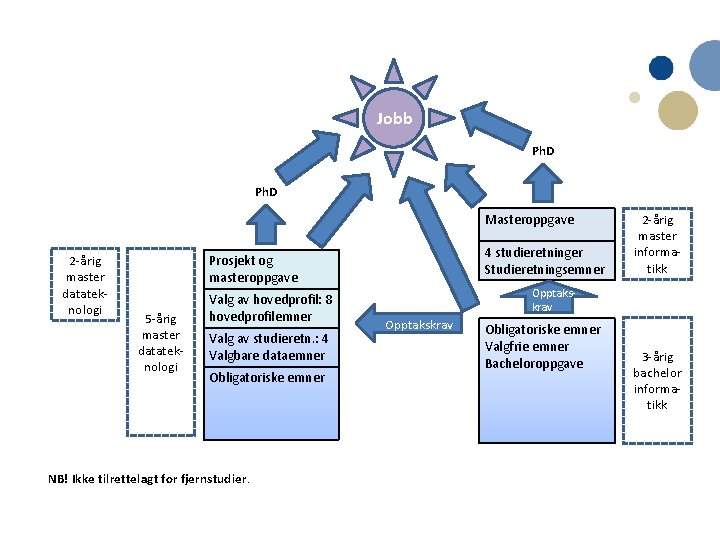 Jobb Ph. D Masteroppgave 2 -årig master datateknologi 4 studieretninger Studieretningsemner Prosjekt og masteroppgave