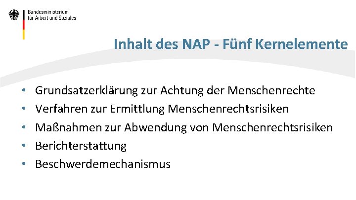 Inhalt des NAP - Fünf Kernelemente • • • Grundsatzerklärung zur Achtung der Menschenrechte