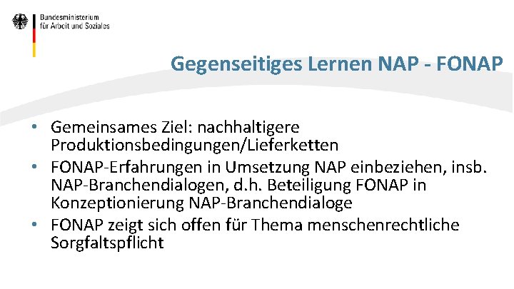 Gegenseitiges Lernen NAP - FONAP • Gemeinsames Ziel: nachhaltigere Produktionsbedingungen/Lieferketten • FONAP-Erfahrungen in Umsetzung