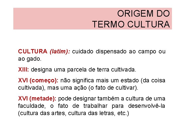 ORIGEM DO TERMO CULTURA (latim): cuidado dispensado ao campo ou ao gado. XIII: designa