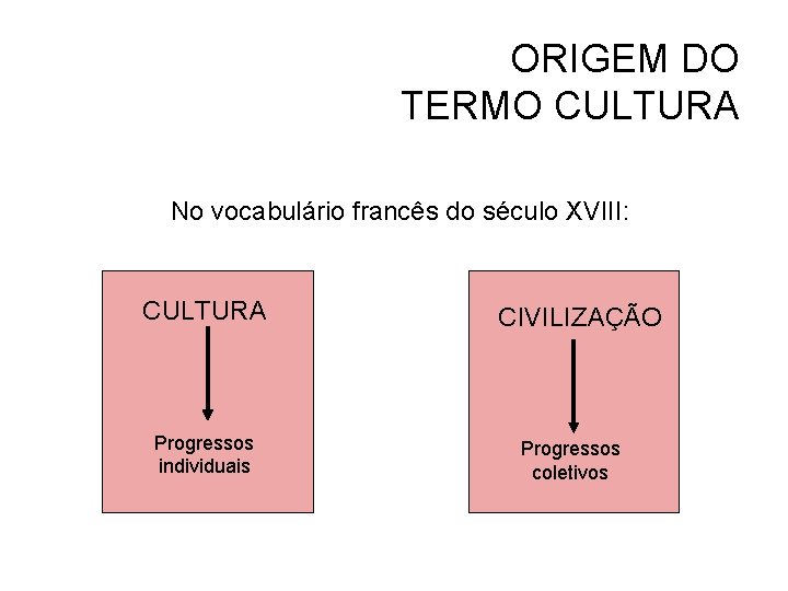 ORIGEM DO TERMO CULTURA No vocabulário francês do século XVIII: CULTURA Progressos individuais CIVILIZAÇÃO