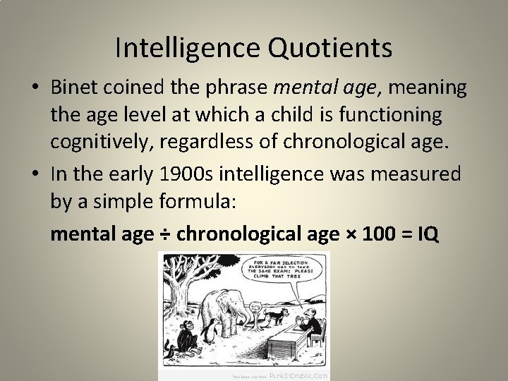 Intelligence Quotients • Binet coined the phrase mental age, meaning the age level at