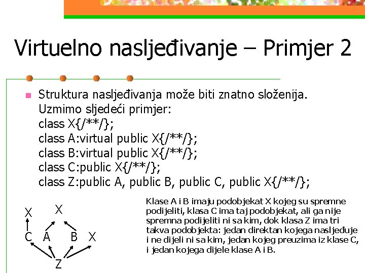 Virtuelno nasljeđivanje – Primjer 2 n Struktura nasljeđivanja može biti znatno složenija. Uzmimo sljedeći