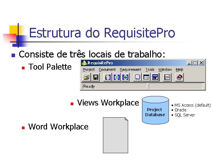 Estrutura do Requisite. Pro n Consiste de três locais de trabalho: n Tool Palette