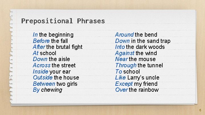 Prepositional Phrases In the beginning Before the fall After the brutal fight At school