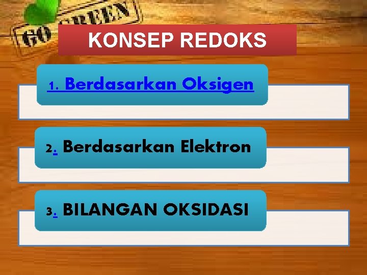 KONSEP REDOKS 1. Berdasarkan Oksigen 2. Berdasarkan Elektron 3. BILANGAN OKSIDASI 