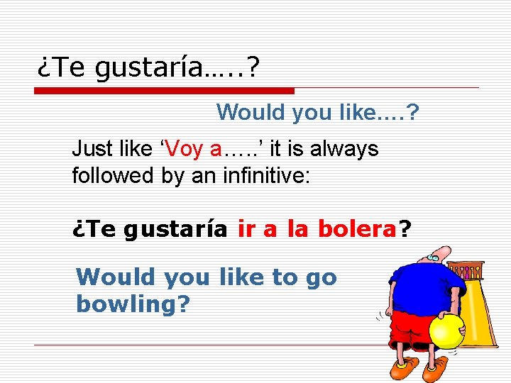 ¿Te gustaría…. . ? Would you like…. ? Just like ‘Voy a…. . ’