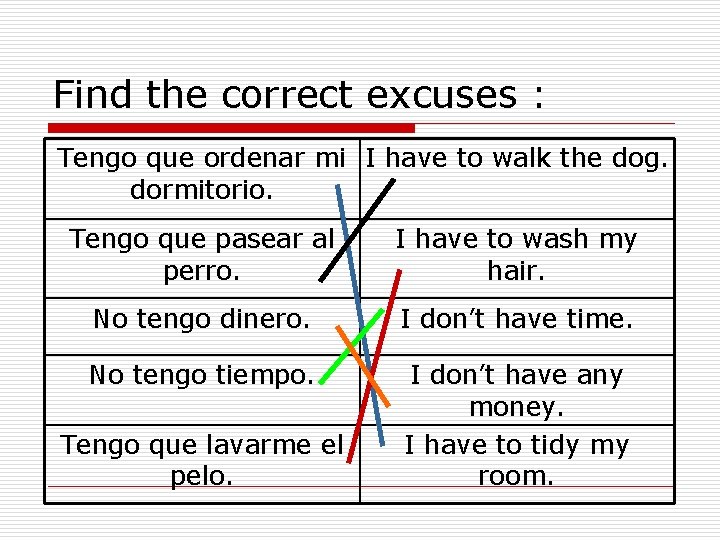 Find the correct excuses : Tengo que ordenar mi I have to walk the