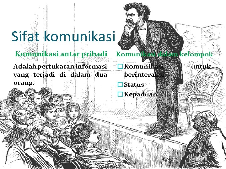 Sifat komunikasi Komunikasi antar pribadi Komunikasi dalam kelompok Adalah pertukaran informasi yang terjadi di