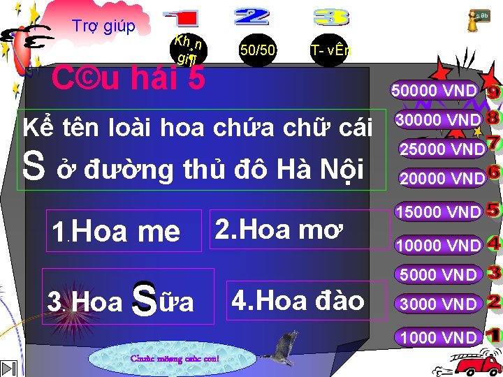 Trợ giúp Kh¸n gi¶ 50/50 T vÊn C©u hái 5 50000 VND Kể tên