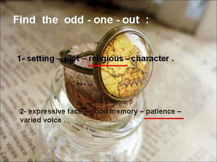 Find the odd - one - out : 1 - setting – plot –