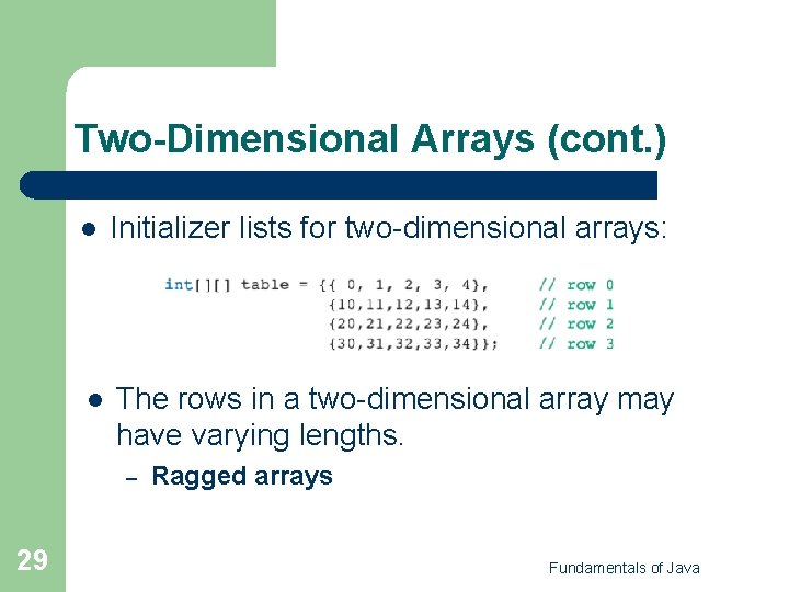 Two-Dimensional Arrays (cont. ) l Initializer lists for two-dimensional arrays: l The rows in Two-Dimensional Arrays (cont. ) l Initializer lists for two-dimensional arrays: l The rows in