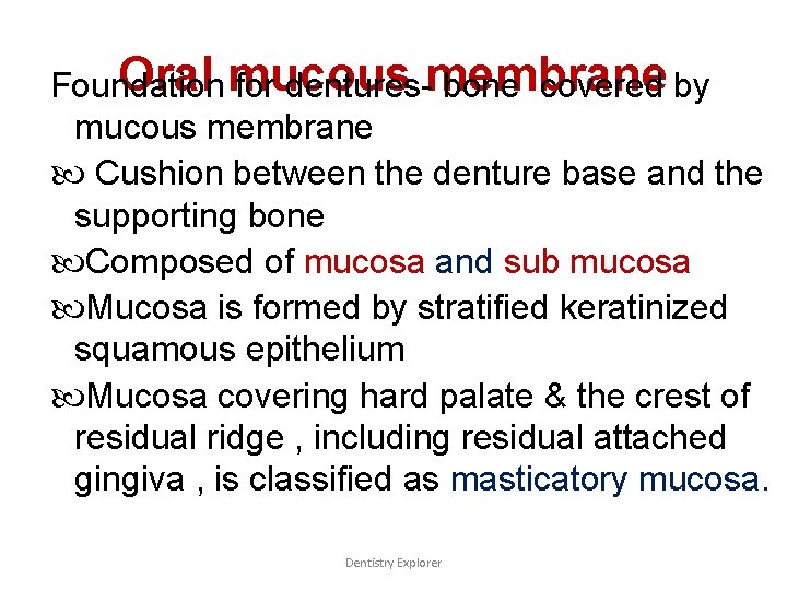 Oral mucous Foundation for dentures-membrane bone covered by mucous membrane Cushion between the denture