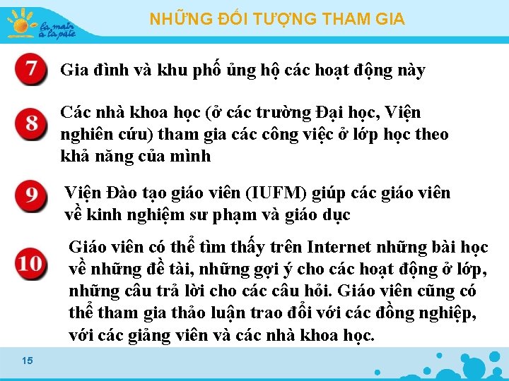 NHỮNG ĐỐI TƯỢNG THAM GIA Gia đình và khu phố ủng hộ các hoạt NHỮNG ĐỐI TƯỢNG THAM GIA Gia đình và khu phố ủng hộ các hoạt