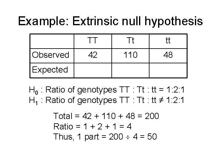 Example: Extrinsic null hypothesis Observed TT Tt tt 42 110 48 Expected H 0