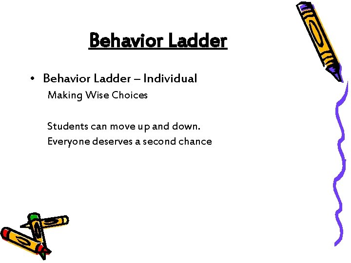 Behavior Ladder • Behavior Ladder – Individual Making Wise Choices Students can move up