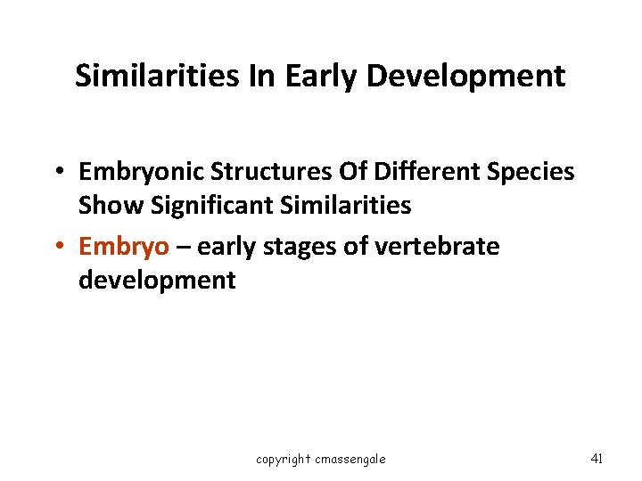 Similarities In Early Development • Embryonic Structures Of Different Species Show Significant Similarities •