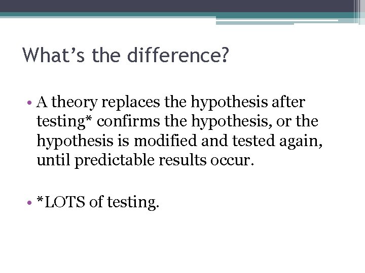 What’s the difference? • A theory replaces the hypothesis after testing* confirms the hypothesis,