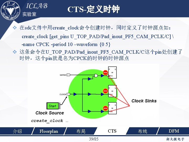 CTS-定义时钟 在sdc文件中用create_clock命令创建时钟，同时定义了时钟源点如： create_clock [get_pins U_TOP_PAD/Pad_inout_PF 5_CAM_PCLK/C]  -name CPCK -period 10 –waveform {0 5}