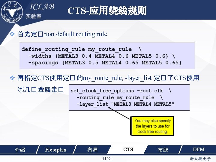 CTS-应用绕线规则 首先定� non default routing rule 再指定CTS使用定� 的my_route_rule, -layer_list 定� 了CTS使用 哪几� 金属走� 介绍