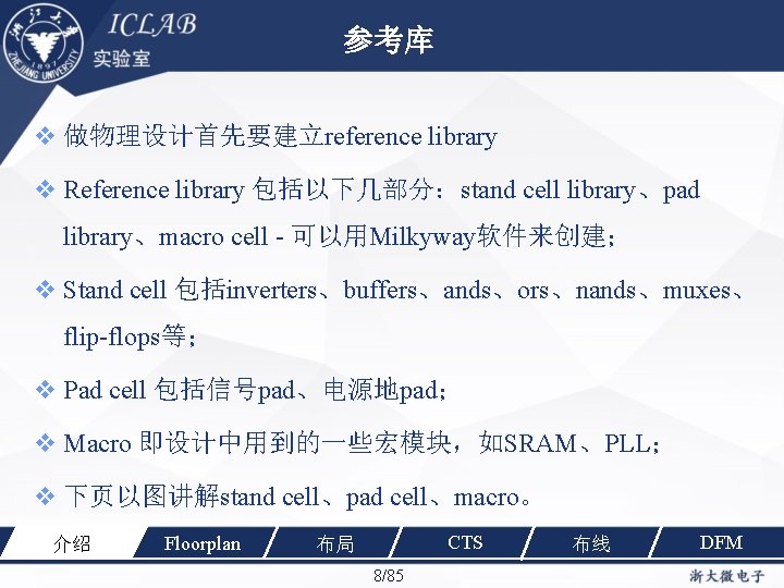 参考库 做物理设计首先要建立reference library Reference library 包括以下几部分：stand cell library、pad library、macro cell - 可以用Milkyway软件来创建； Stand cell