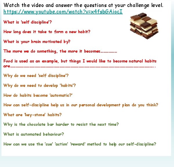 Watch the video and answer the questions at your challenge level. https: //www. youtube.