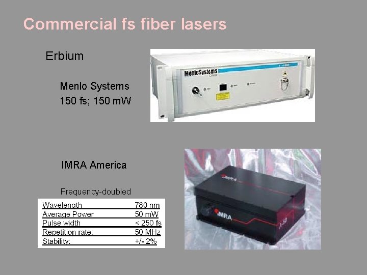 Commercial fs fiber lasers Erbium Menlo Systems 150 fs; 150 m. W IMRA America