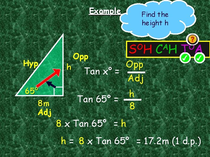Example Hyp 65° 8 m Adj h Opp Tan x° = Find the height