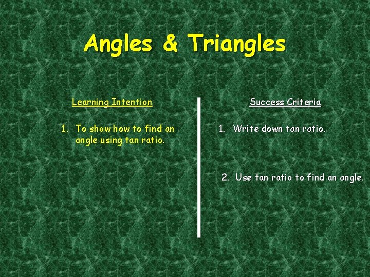 Angles & Triangles Learning Intention 1. To show to find an angle using tan