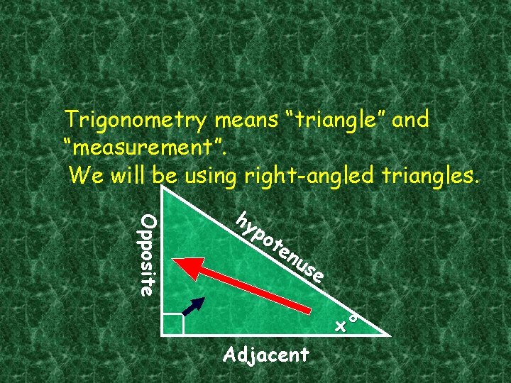 Trigonometry means “triangle” and “measurement”. We will be using right-angled triangles. Opposite hy po