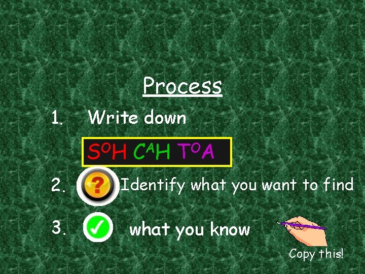 Process 1. Write down S OH C A H T OA 2. 3. Identify