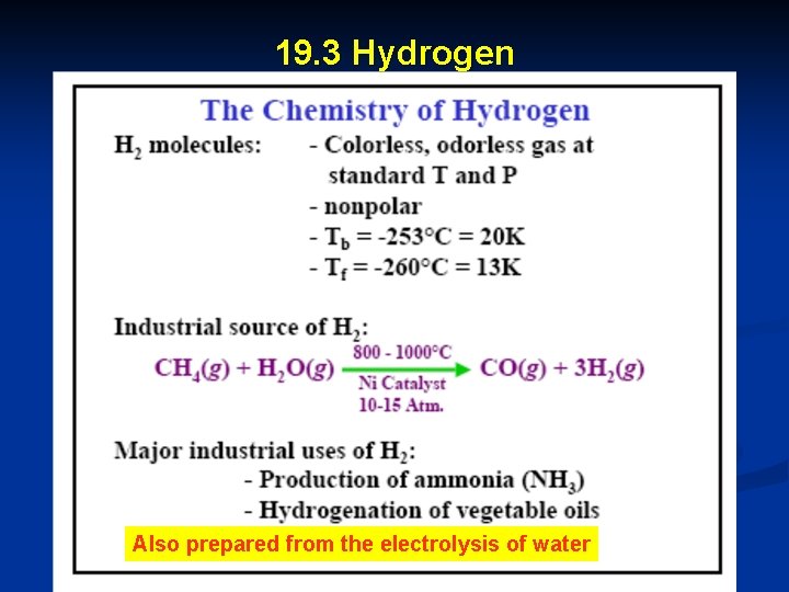 19. 3 Hydrogen Also prepared from the electrolysis of water 