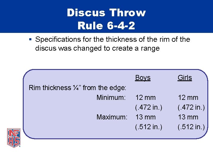 Discus Throw Rule 6 -4 -2 § Specifications for the thickness of the rim