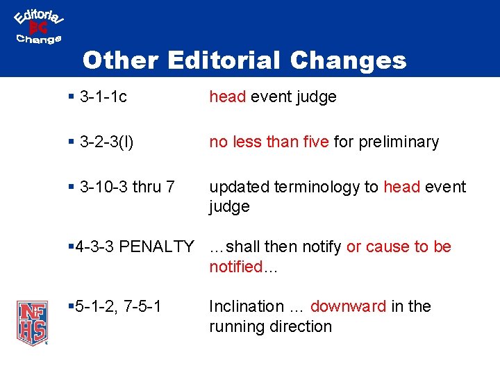 Other Editorial Changes § 3 -1 -1 c head event judge § 3 -2