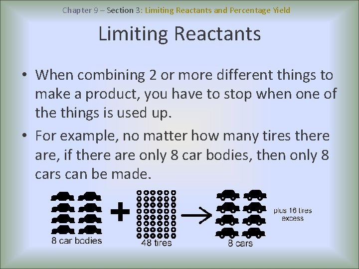 Chapter 9 – Section 3: Limiting Reactants and Percentage Yield Limiting Reactants • When