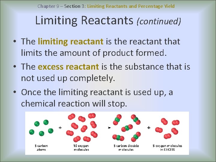 Chapter 9 – Section 3: Limiting Reactants and Percentage Yield Limiting Reactants (continued) •