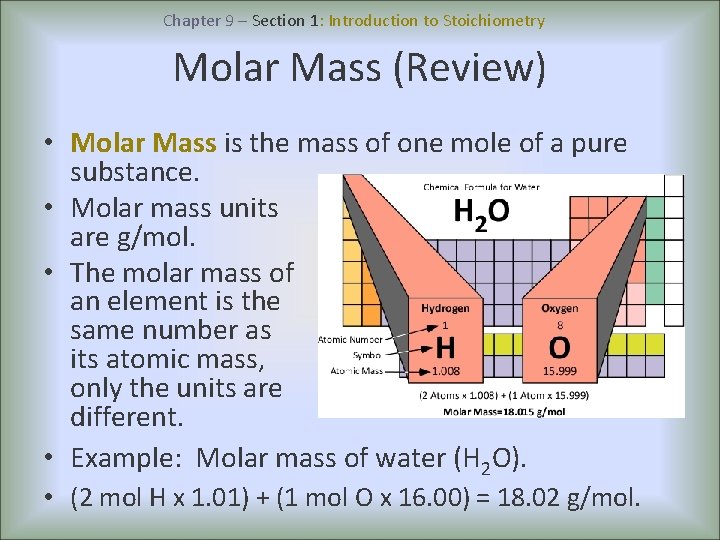 Chapter 9 – Section 1: Introduction to Stoichiometry Molar Mass (Review) • Molar Mass