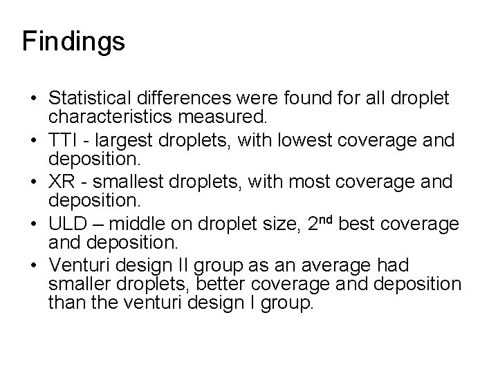 Findings • Statistical differences were found for all droplet characteristics measured. • TTI -