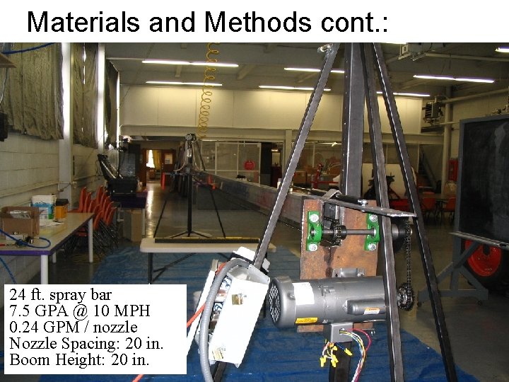 Materials and Methods cont. : 24 ft. spray bar 7. 5 GPA @ 10