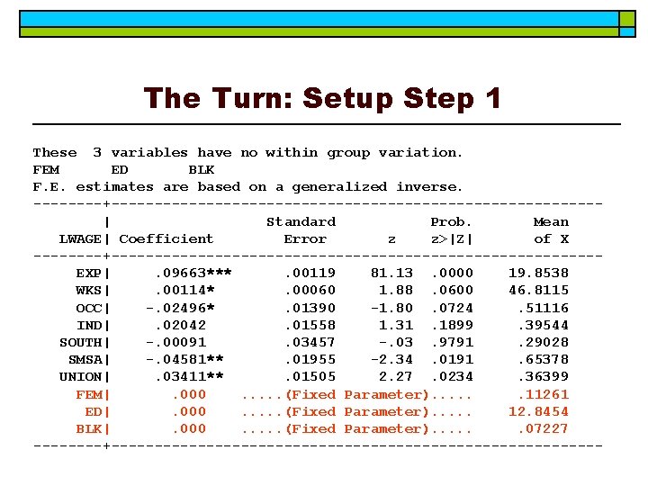 The Turn: Setup Step 1 These 3 variables have no within group variation. FEM The Turn: Setup Step 1 These 3 variables have no within group variation. FEM