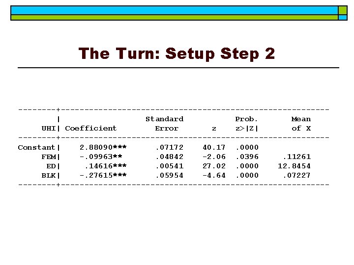 The Turn: Setup Step 2 ----+----------------------------| Standard Prob. Mean UHI| Coefficient Error z z>|Z|