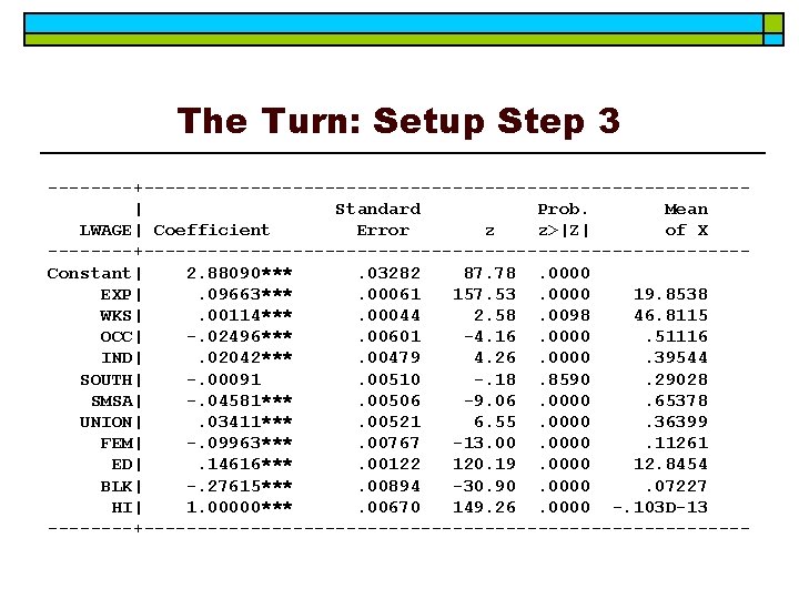 The Turn: Setup Step 3 ----+----------------------------| Standard Prob. Mean LWAGE| Coefficient Error z z>|Z|