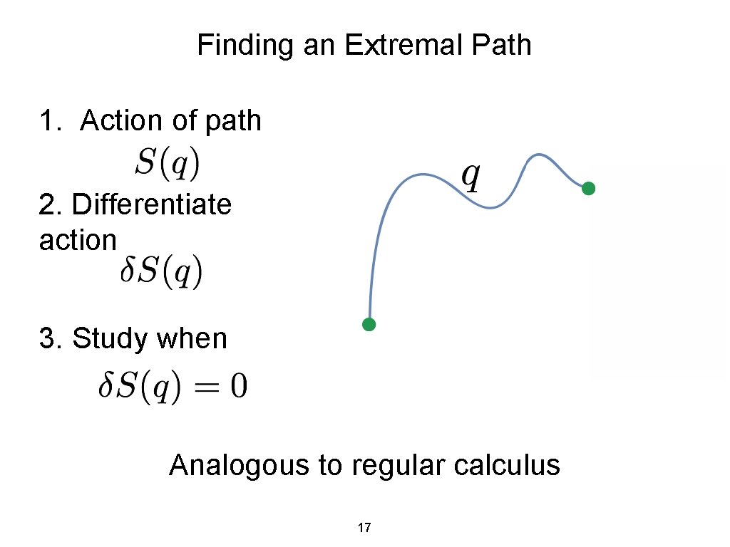 Finding an Extremal Path 1. Action of path 2. Differentiate action 3. Study when