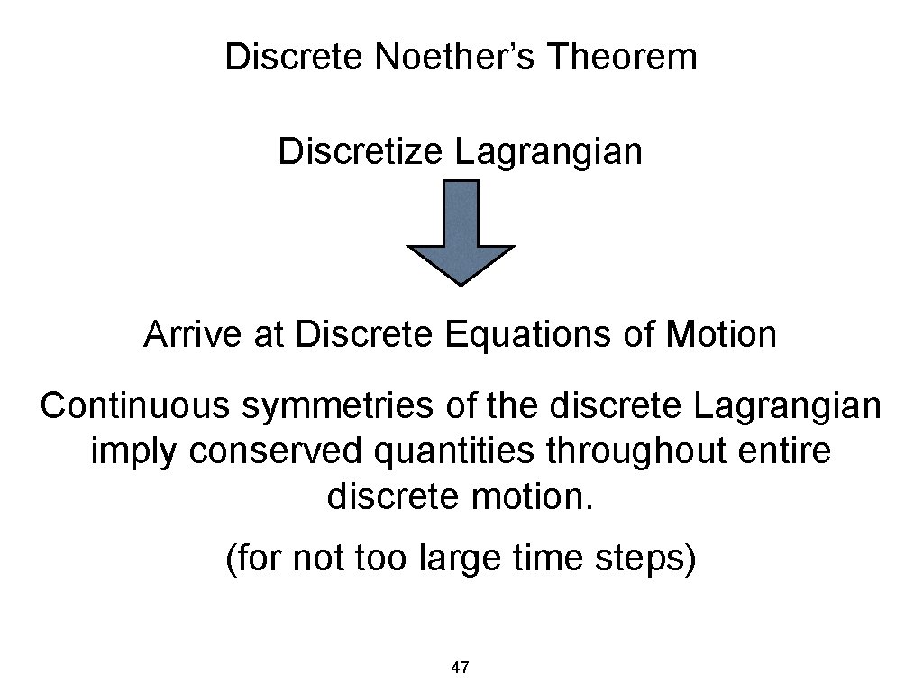 Discrete Noether’s Theorem Discretize Lagrangian Arrive at Discrete Equations of Motion Continuous symmetries of